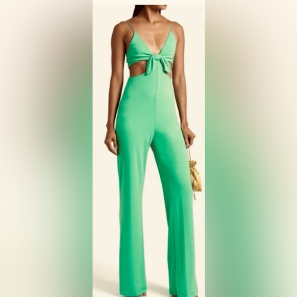Alice + Olivia Strappy Havana Jumpsuit w Waist Cutouts & Front Bow Garden Green - Picture 6 of 8